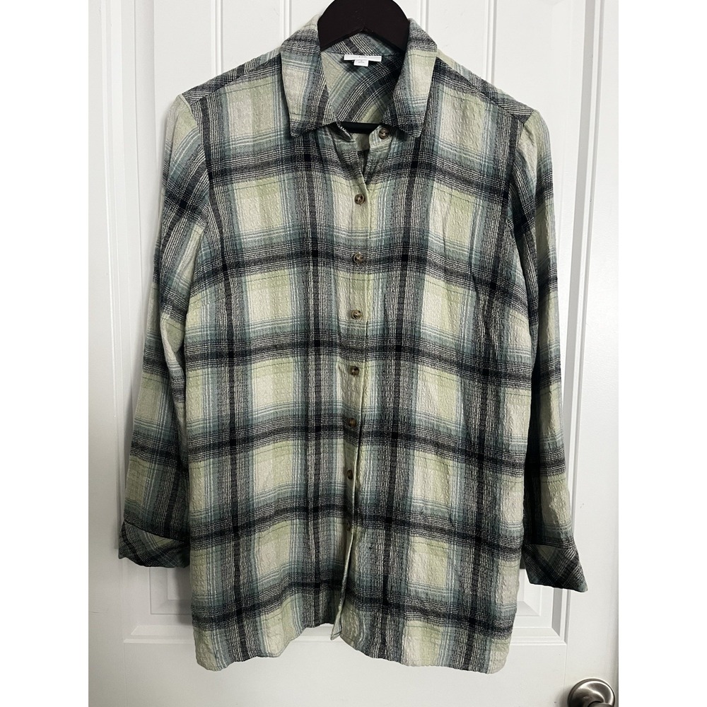J. Jill Womens Medium Petite Shirt Flannel Green Blue Plaid Soft Button Down 661